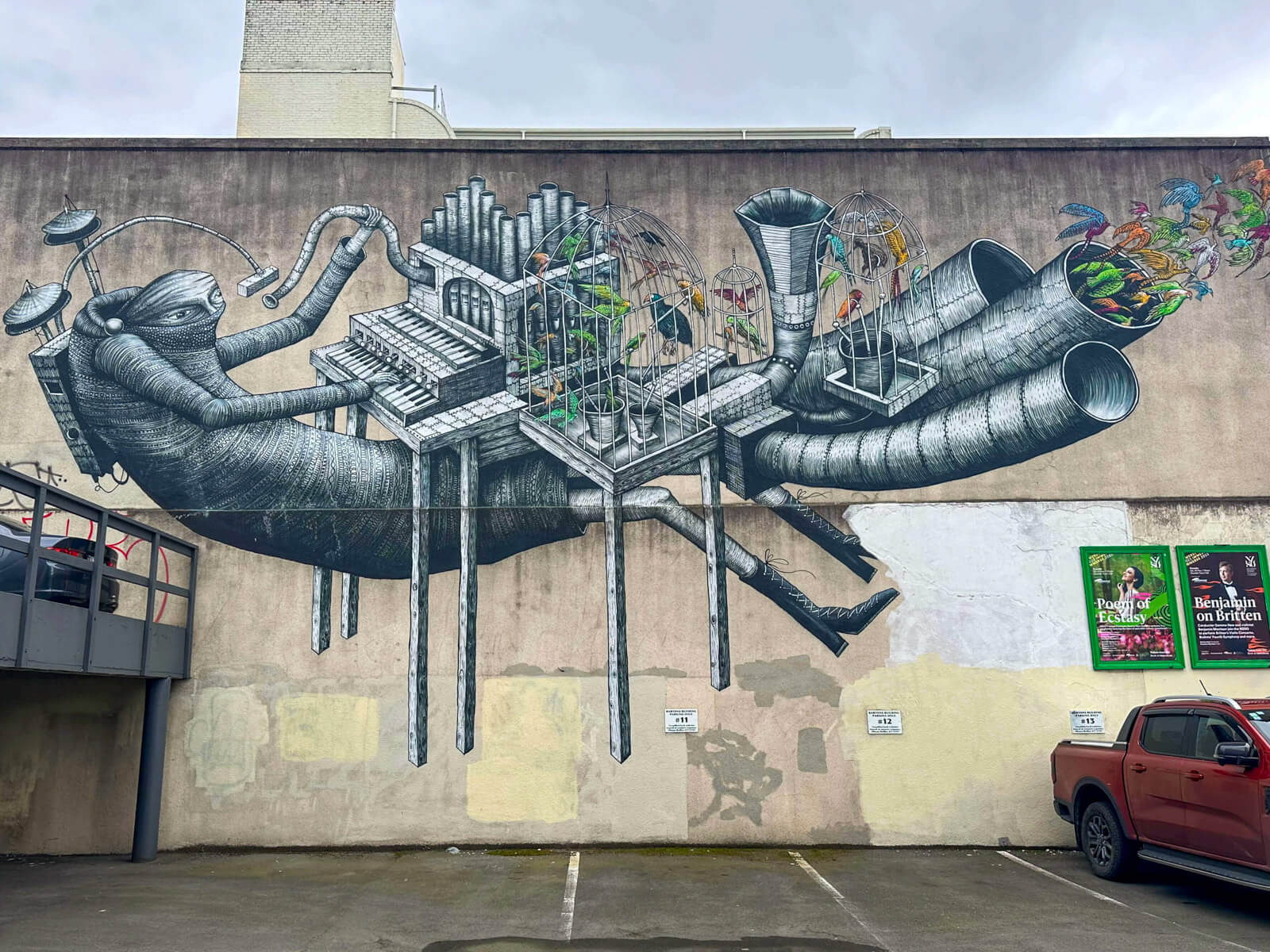 Dunedin Street Art Trail: Phlegm, Song Bird Pipe Organ
