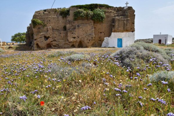 Kirche in einem Felsen, davor Blumenwiese