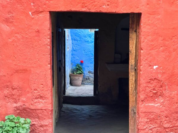 Klostermauern in Rot und Blau mit Blumentopf
