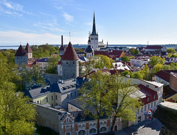 Blick auf die Altstadt von Tallinn mit ihren Türmen. Dahinter das Meer.