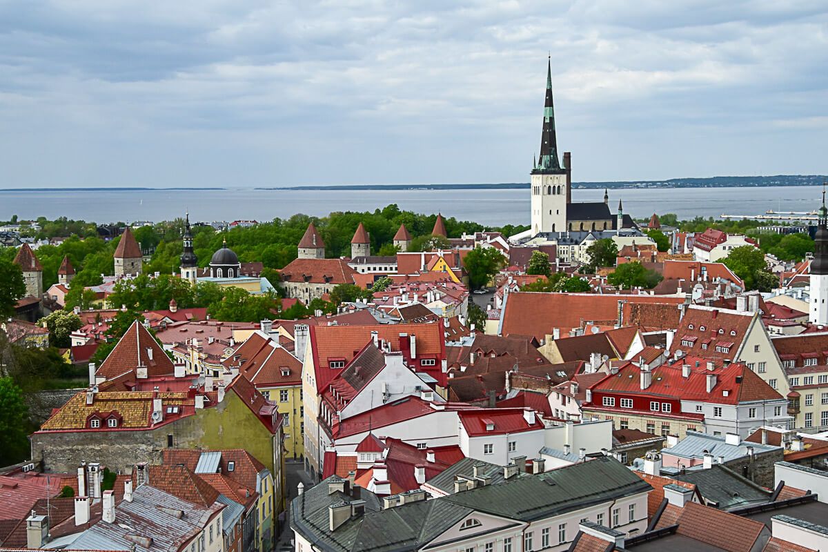 Blick auf die Altstadt von Tallinn mit ihren Türmen. Dahinter das Meer.