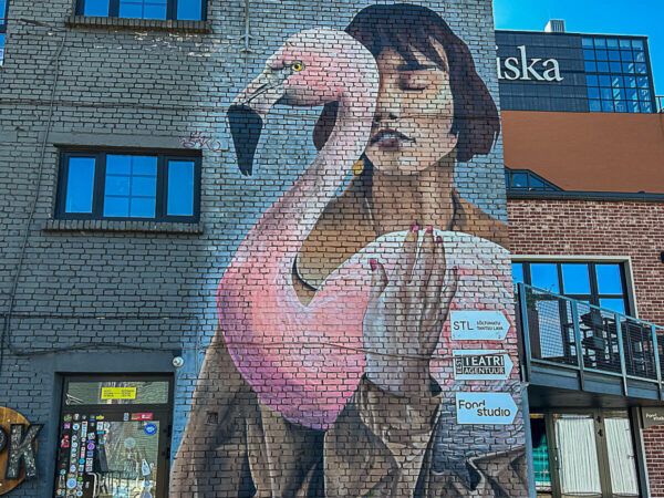 Roadtrip Estland 1 Woche: Ostseeküste, Moore und eine coole Hauptstadt 13 Mural an einer Häuserwand, das eine Frau mit rosa Schwan zeigt