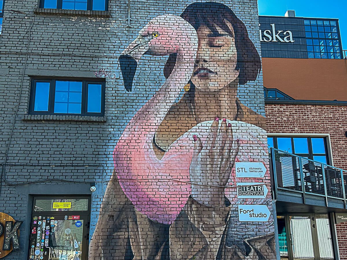 Mural an einer Häuserwand, das eine Frau mit rosa Schwan zeigt
