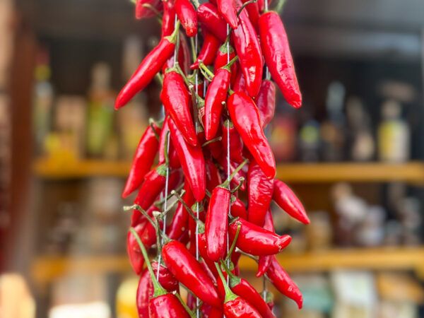 Highlights in Kalabrien: aufgefädelte Chilischoten in einem Laden