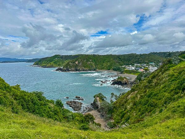 Blick vom Tapeka Point auf eine Küstenlandschaft mit Dorf dahinter