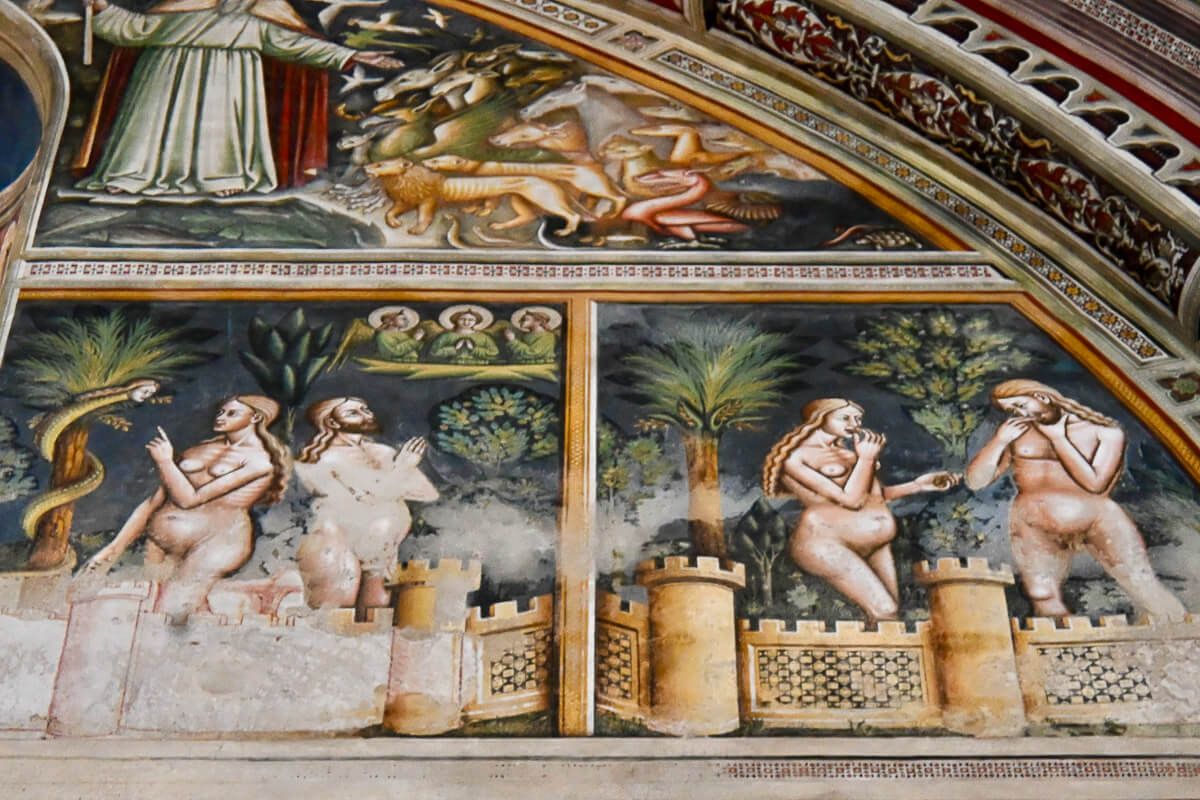 Fresko in Galatina, das Adam und Eva zeigt