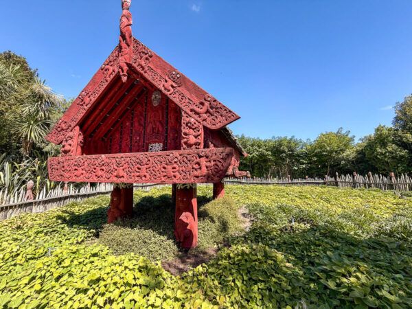 Maori-Veroratshaus mit üppigen Schnitzereien in einem Feld aus Kumaras in den Hamilton Gardens 