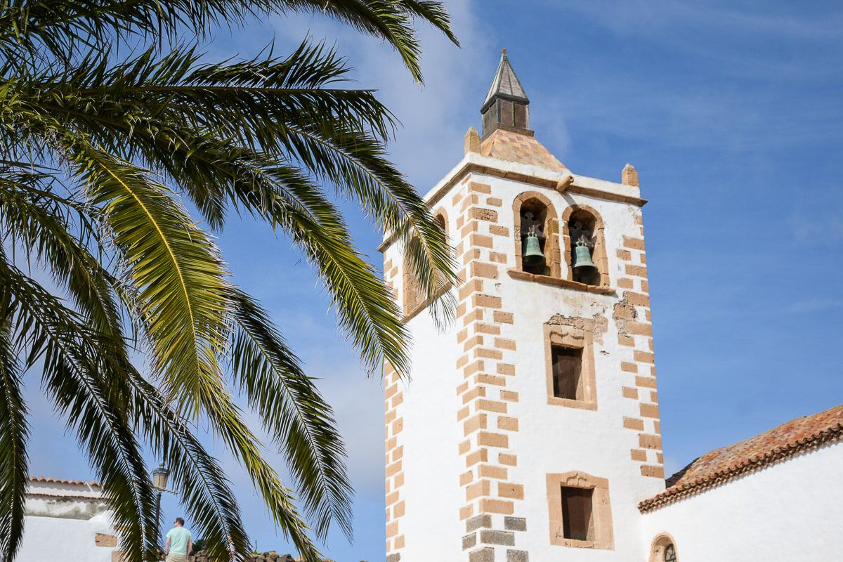 Kirchturm mit Palme im Vordergrund
