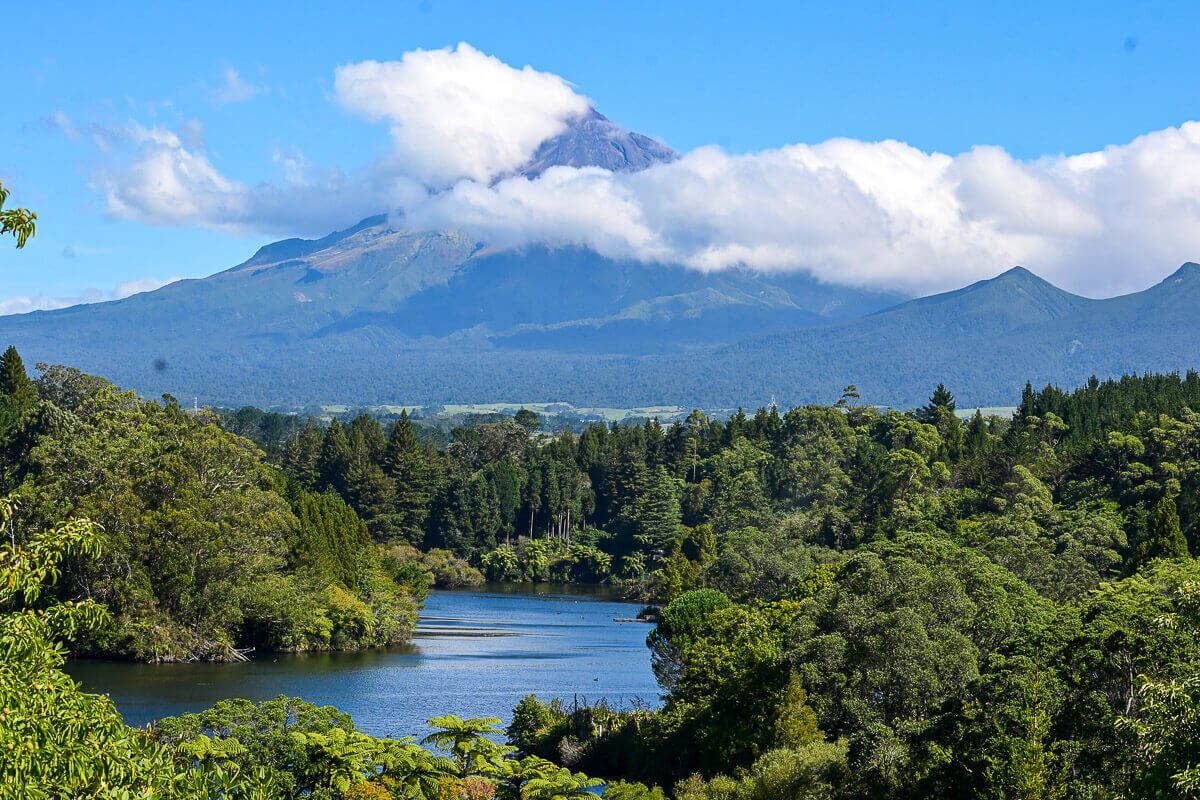 Neuseeland: Reisetipps für Mount Taranaki und New Plymouth 27 Blick über einen See im Wald auf die Spitze des Vulkans Taranaki