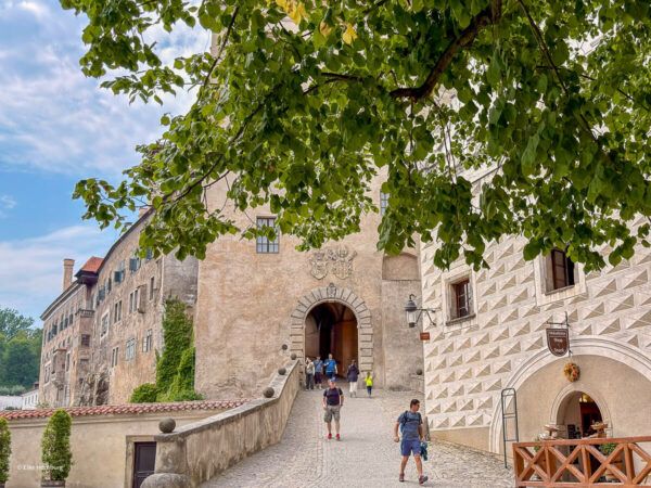 Einer der Burghöfe mit einigen Besuchern mächtigem Baum